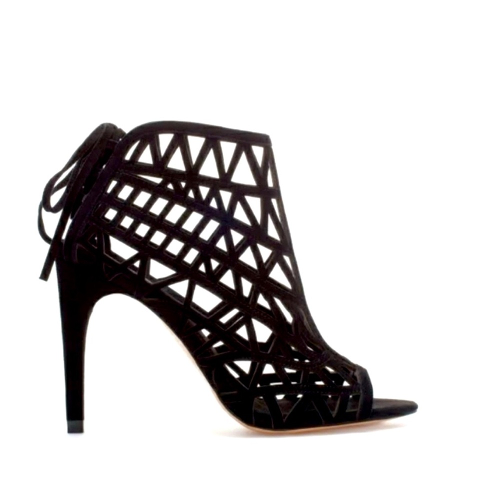 Zara Laser Cut Lace Up Cage Open Toe Black Heels
